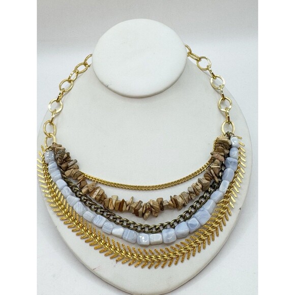Ab Max Stone & Mixed Chain Layered Multistrand Necklace Gold Tone Boho Bohemian - Picture 9 of 13